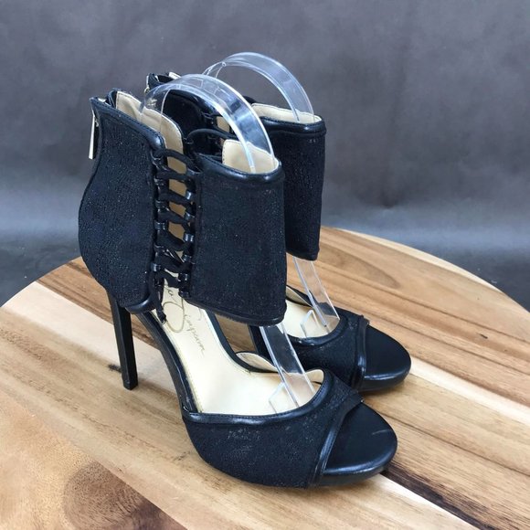Jessica Simpson Black Pump Heel Zip Up Cutout Peep Toe Booties Womens Size 6 B - Picture 1 of 8